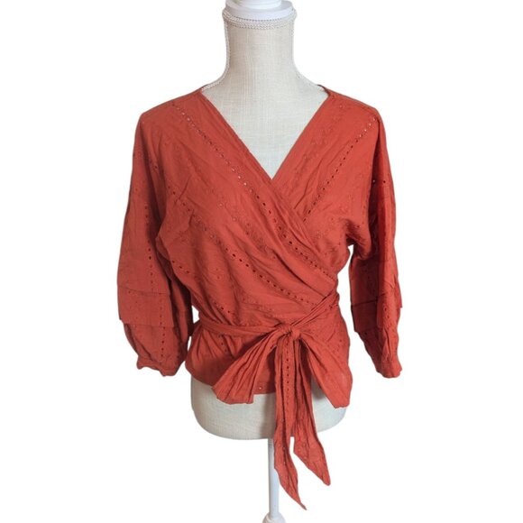 Forever 21 Women's Size S Rust Orange Eyelet Cotton Puff Sleeve Wrap Blouse Top - Picture 2 of 6